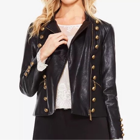 vince camuto black faux leather military jacket with gold buttons - Picture 2 of 5